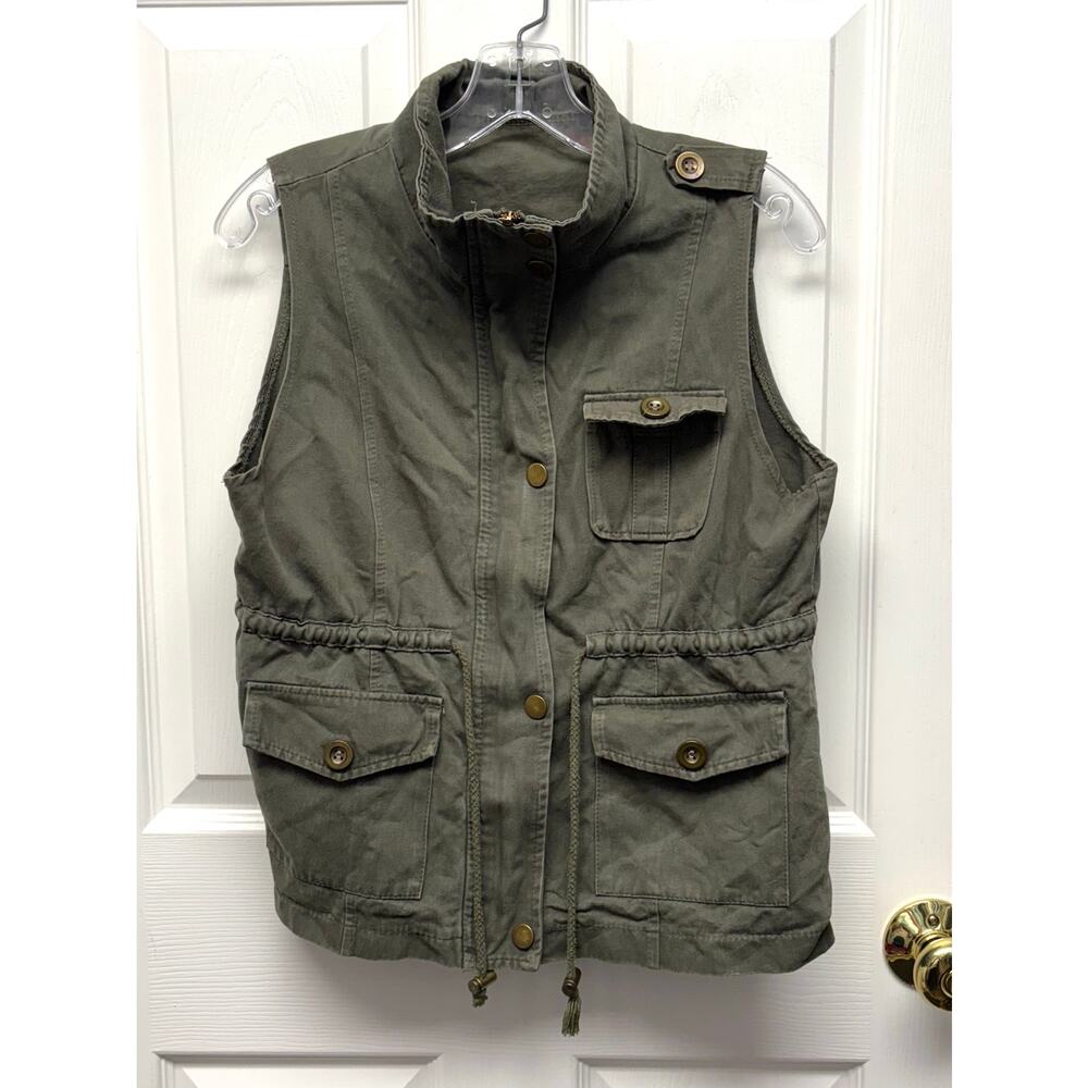 Cargo Utility Vest Olive Green Drawstring Waist Full Zip Snaps Women’s Size M/L